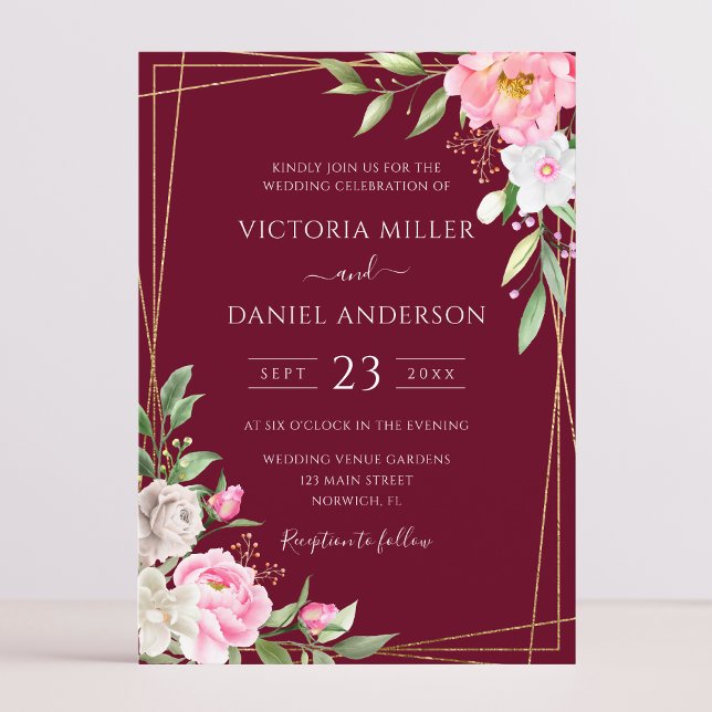 Burgundy Watercolor Floral Geometric Gold Wedding Invitation (Creator Uploaded)