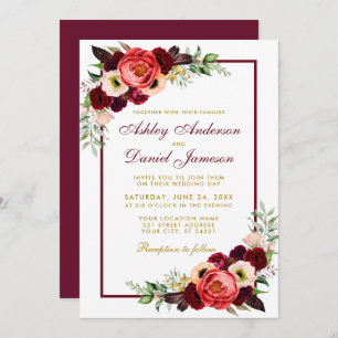Burgundy Watercolor Floral Gold Boho Wedding B Invitation
