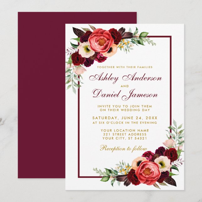 Burgundy Watercolor Floral Gold Boho Wedding B Invitation (Front/Back)