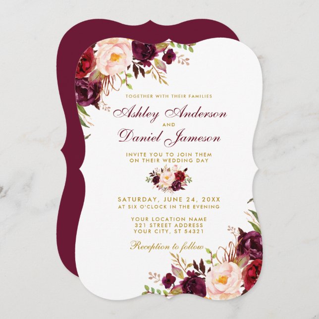 Burgundy Watercolor Floral Gold Bracket Wedding Invitation (Front/Back)