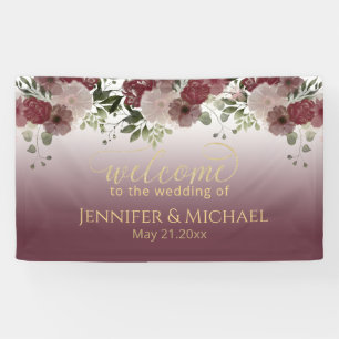 Burgundy watercolor floral gold calligraphy banner