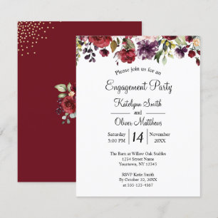 Burgundy Watercolor Floral Gold Foil Engagement Invitation