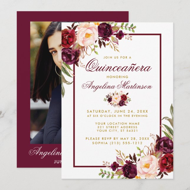 Burgundy Watercolor Floral Gold Quinceanera Photo Invitation (Front/Back)