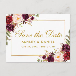 Burgundy Watercolor Floral Gold Save the Date Announcement Postcard