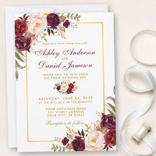 Burgundy Watercolor Floral Gold Wedding Invitation