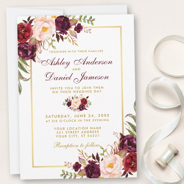 Burgundy Watercolor Floral Gold Wedding Invitation (Customize to change text color, style or to add text & photos to back of card.)