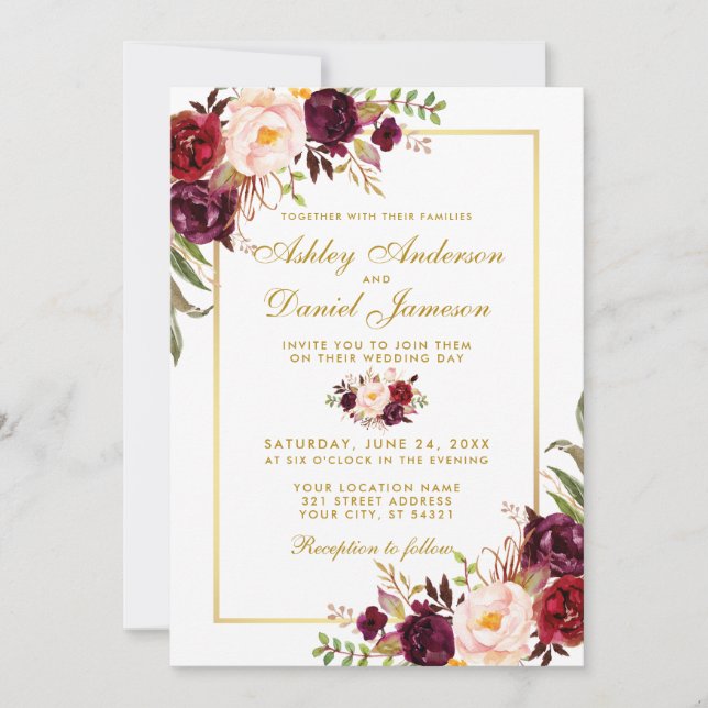 Burgundy Watercolor Floral Gold Wedding Invite G (Front)