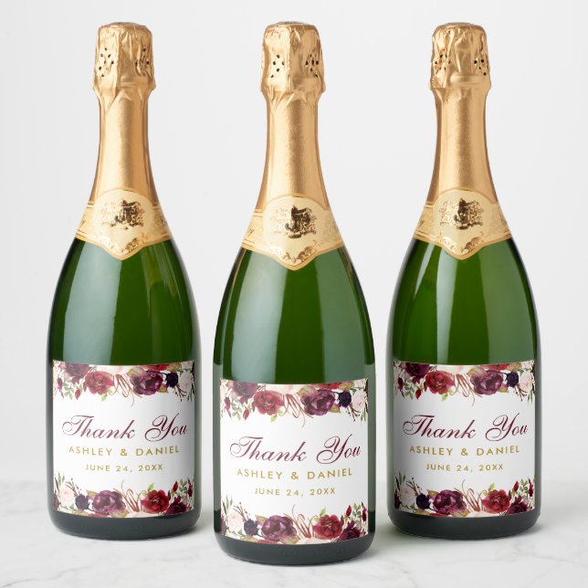 Burgundy Watercolor Floral Gold Wedding Sparkling Wine Label (Bottles)