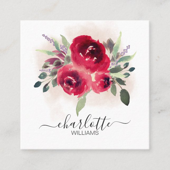 Burgundy Watercolor Floral & Greenery Eucalyptus Square Business Card (Front)