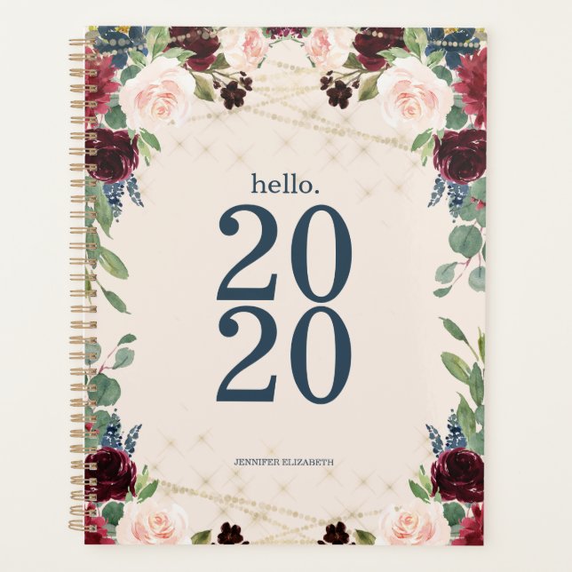 Burgundy Watercolor Floral Hello 2020 Cute Planner (Front)