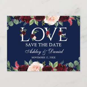 Burgundy Watercolor Floral Love Blue Save The Date Announcement Postcard