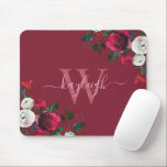 Burgundy Watercolor Floral Name Monogrammed Mouse Pad<br><div class="desc">Burgundy watercolor botanical peony rose floral on bordo personalised monogrammed Mouse Pad. Burgundy, marsala, white watercolor peony roses, botanical floral design with dark green leaves and berries on burgundy, bordo, or wine red background. Feature an elegant swirly handwritten typography design with your name, monogram and pretty burgundy, white peony roses...</div>