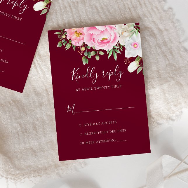 Burgundy Watercolor Floral Peonies Elegant Wedding RSVP Card (Creator Uploaded)