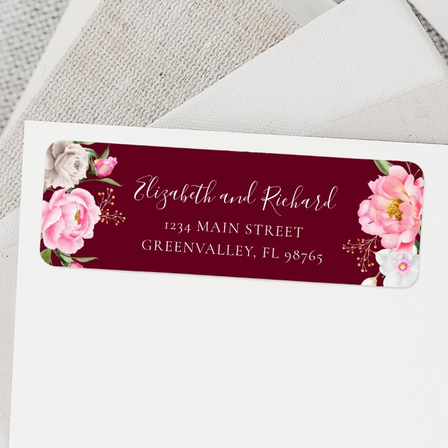 Burgundy Watercolor Floral Peony Elegant Address (Creator Uploaded)