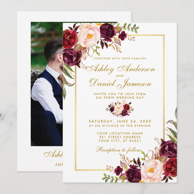 Burgundy Watercolor Floral Photo Gold Wedding Invitation (Front/Back)