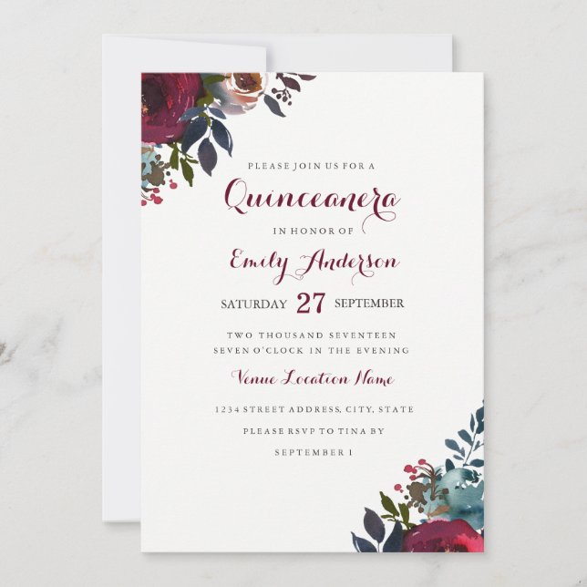 Burgundy Watercolor Floral Quinceanera Invitation (Front)