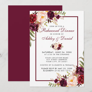 Burgundy Watercolor Floral Rehearsal Dinner Invitation