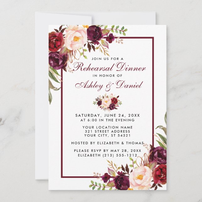 Burgundy Watercolor Floral Rehearsal Dinner W Invitation (Front)