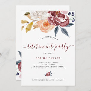 Burgundy Watercolor Floral   Retirement Party Invitation