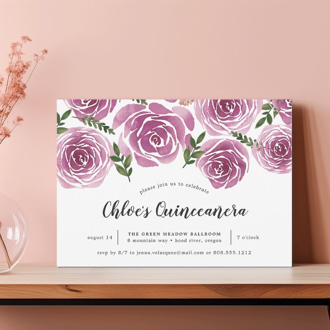 Burgundy Watercolor Floral Roses Quinceañera Invitation (Creator Uploaded)