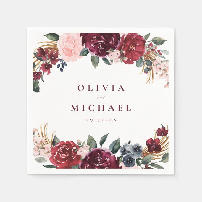 Burgundy watercolor floral rustic boho wedding napkin (Front)
