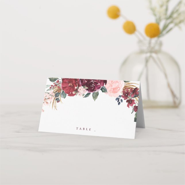 Burgundy watercolor floral rustic boho wedding place card (Front)