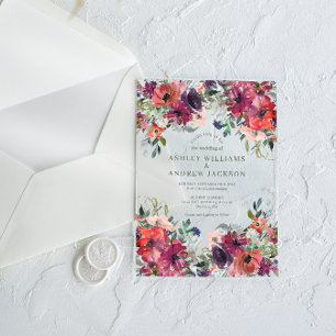 Burgundy Watercolor Floral Rustic Garden Wedding Acrylic Invitations
