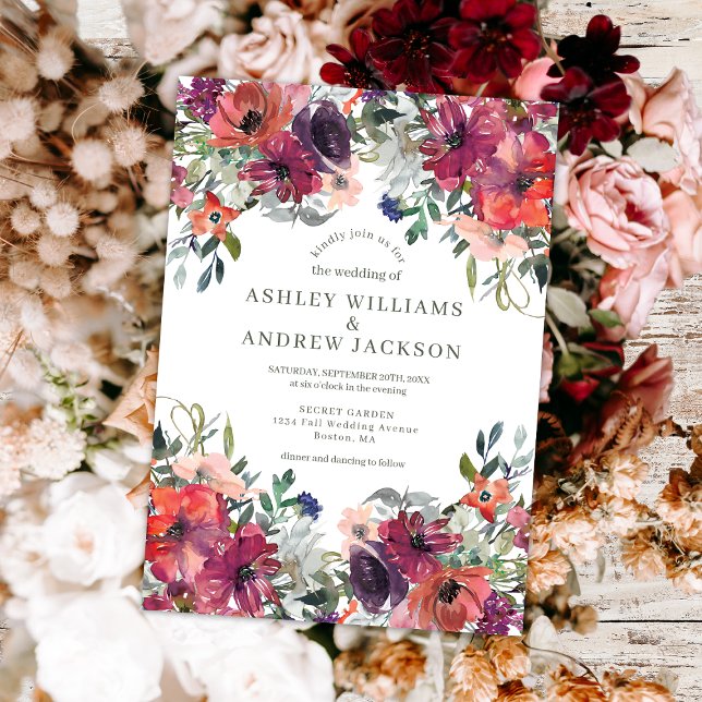 Burgundy Watercolor Floral Rustic Garden Wedding Invitation (Creator Uploaded)