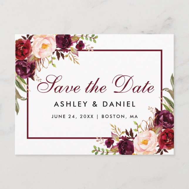 Burgundy Watercolor Floral Save the Date Announcement Postcard (Front)