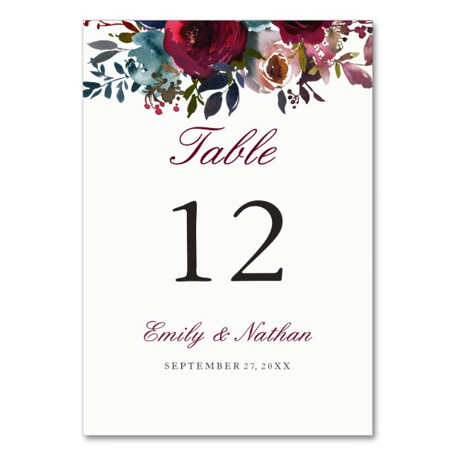 Burgundy Watercolor Floral Table Number Cards (Front)