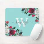 Burgundy Watercolor Floral Turquoise Monogrammed Mouse Pad<br><div class="desc">Burgundy watercolor botanical peony rose floral on turquoise personalized monogrammed Mouse Pad. Burgundy, marsala, white watercolor peony roses, botanical floral design with dark green leaves and berries on light blue, aqua, or turquoise background. Feature an elegant swirly handwritten typography design with your name, monogram and pretty burgundy, white peony roses...</div>