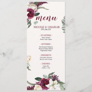 Burgundy Watercolor   Floral Wedding Dinner Menu