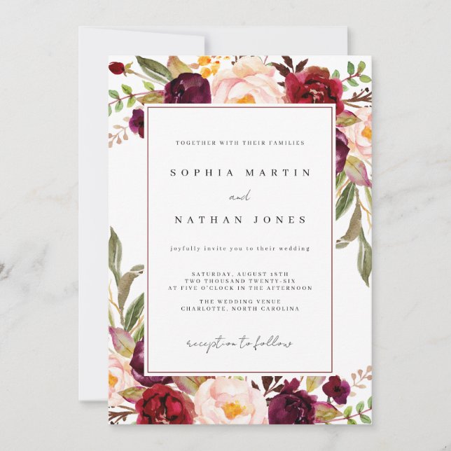 Burgundy Watercolor Floral Wedding Invitation (Front)