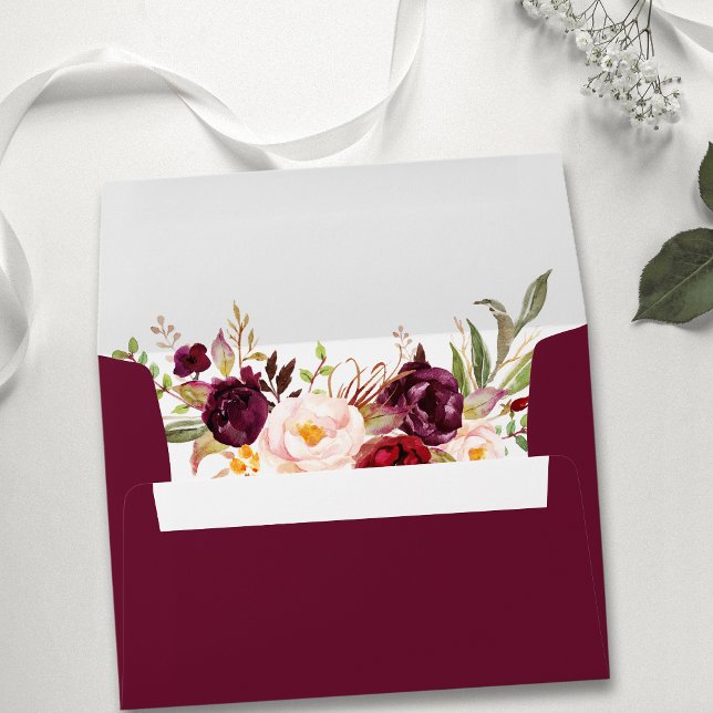 Burgundy Watercolor Floral Wedding Invitation Envelope (Customize to add your return address to front or back of envelope.)