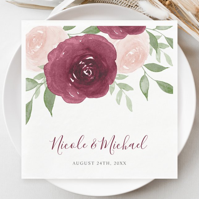Burgundy Watercolor Floral Wedding Napkin (Creator Uploaded)
