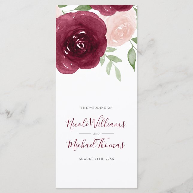 Burgundy Watercolor Floral Wedding Program Programme (Front)