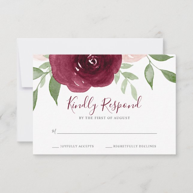 Burgundy Watercolor Floral Wedding RSVP Card (Front)