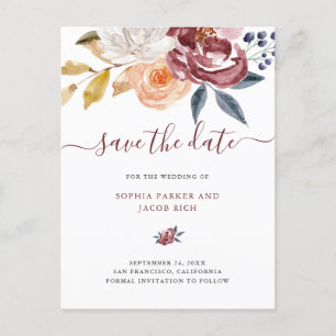 Burgundy Watercolor Floral   Wedding Save The Date Announcement Postcard