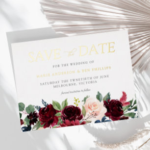 Burgundy Watercolor Floral Wedding Save the date  Foil Invitation Postcard