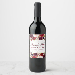 Burgundy Watercolor Floral Wedding Wine Label