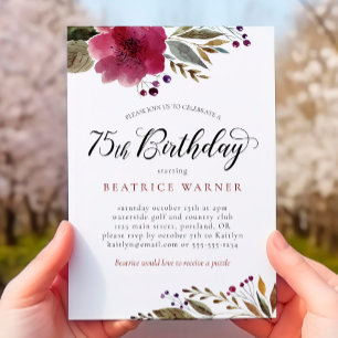Burgundy Watercolor Flowers 75th Birthday Invitation