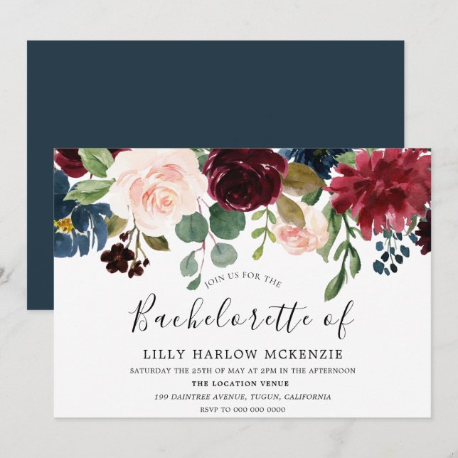Burgundy Watercolor Flowers Bachelorette Party Invitation (Front/Back)