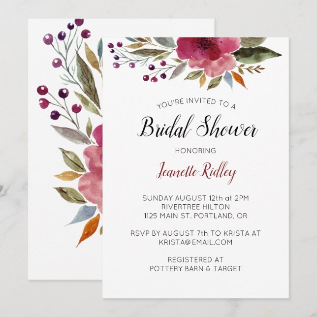 Burgundy Watercolor Flowers Bridal Shower Invitation (Front/Back)