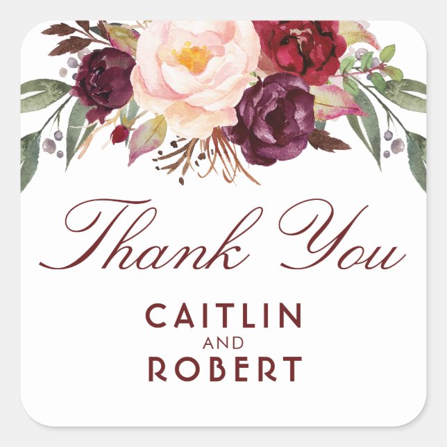 Burgundy Watercolor Flowers Elegant Thank You Square Sticker (Front)