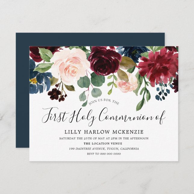 Burgundy Watercolor Flowers First Holy Communion Invitation (Front/Back)