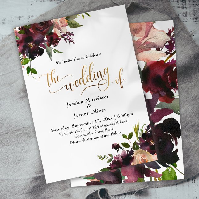 Burgundy Watercolor Flowers Gold Calligraphy Invitation (Creator Uploaded)