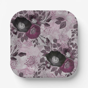 Burgundy watercolor flowers. paper plate