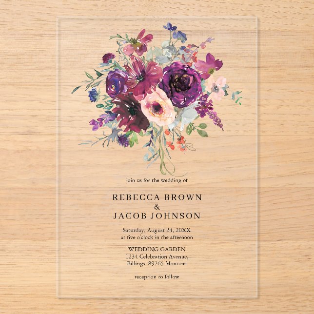 Burgundy Watercolor Flowers Simple Rustic Wedding  Acrylic Invitations (Front)