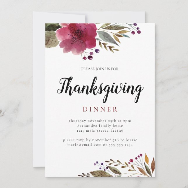 Burgundy Watercolor Flowers Thanksgiving Dinner Invitation (Front)
