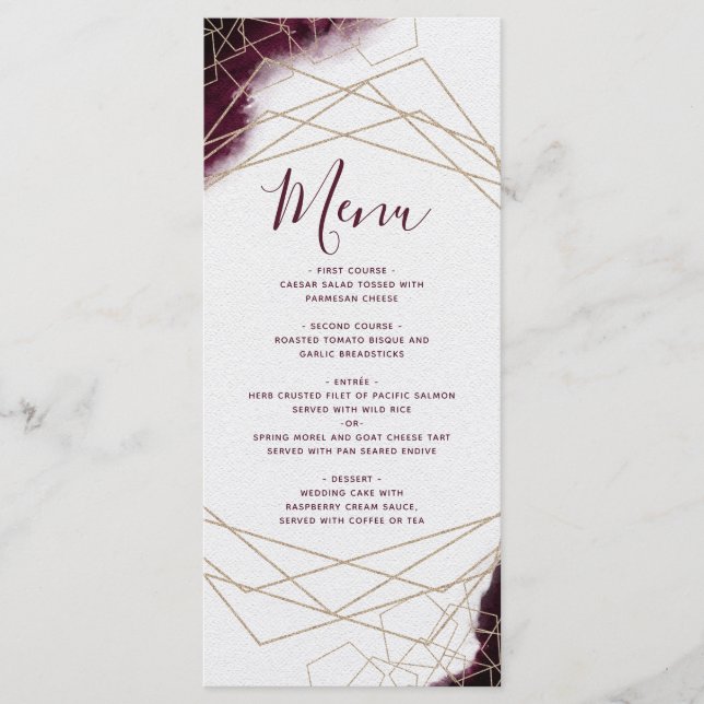 Burgundy Watercolor Geometric Frame Wedding Menu (Front)